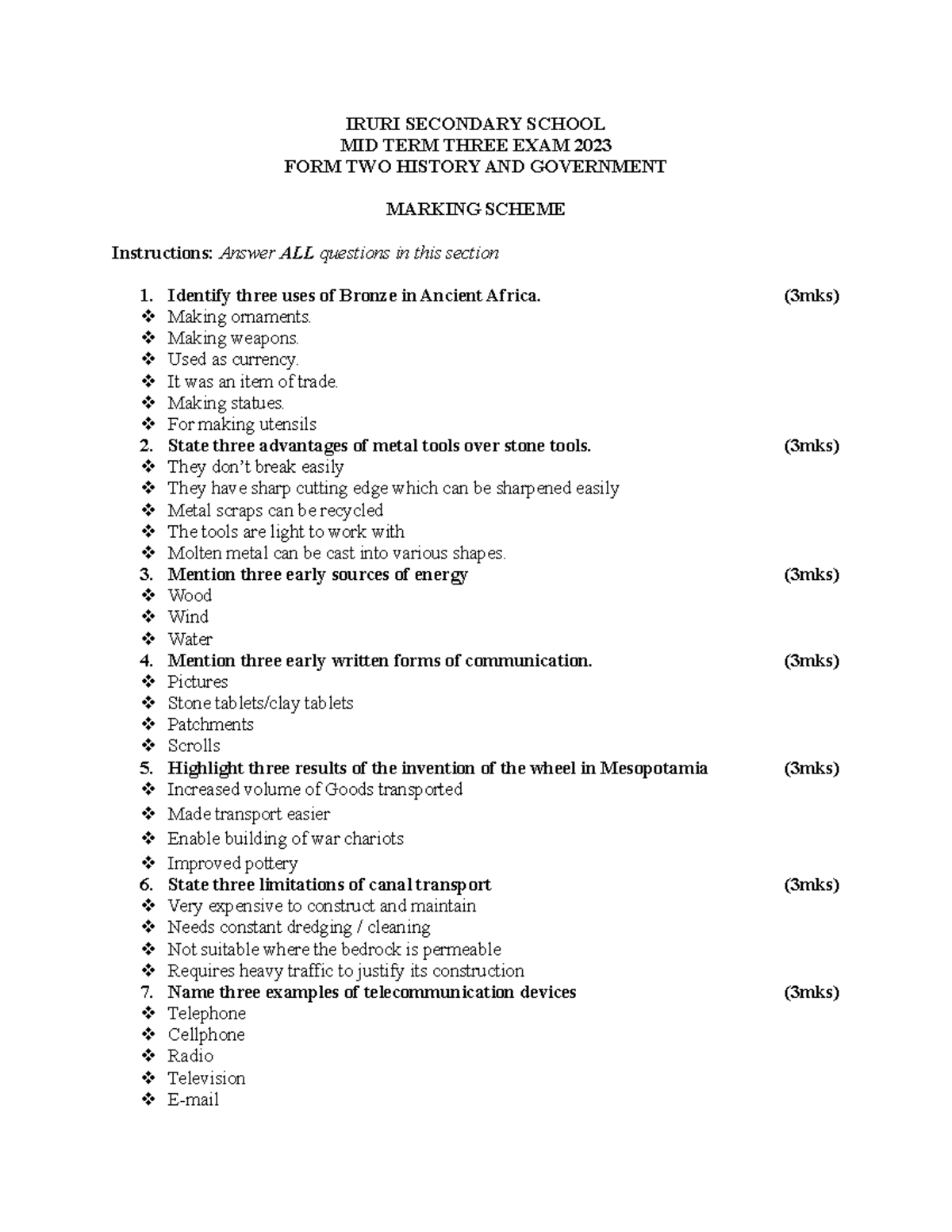 Form 2 History and Government Mid Term 2 2023 Marking Scheme - IRURI ...