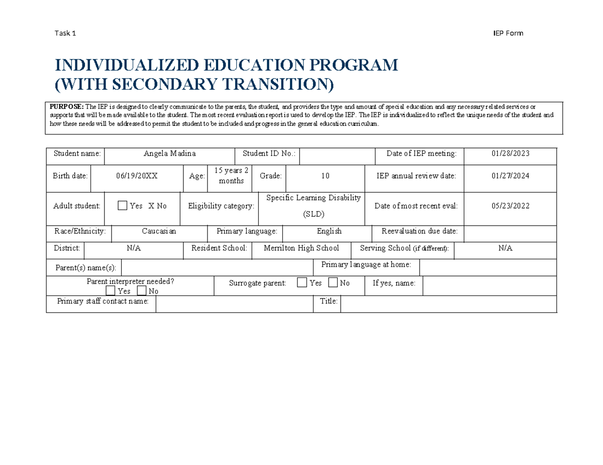 FEM2 Task 1 IEP Form - INDIVIDUALIZED EDUCATION PROGRAM (WITH SECONDARY ...