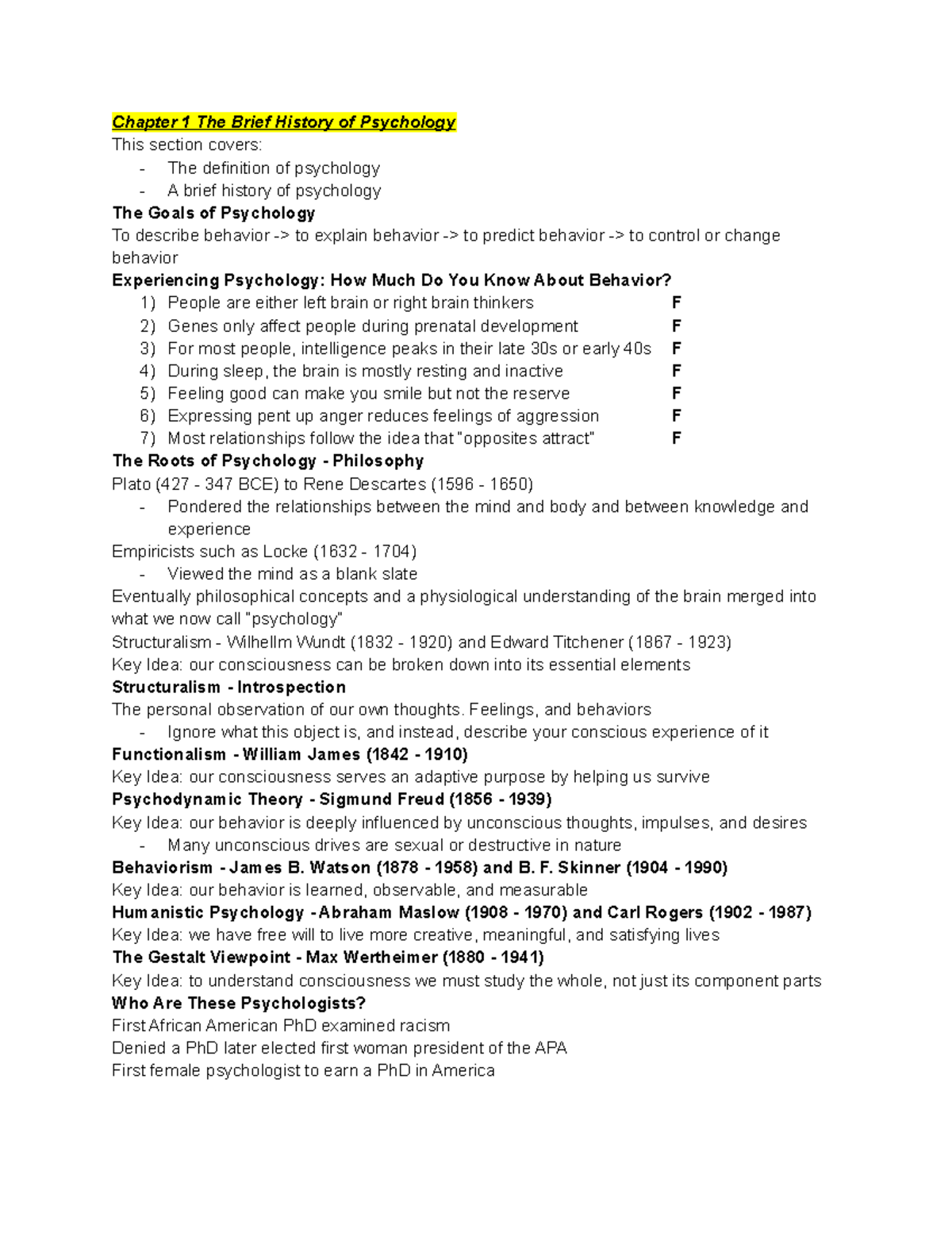 Psychology Spring 2021 - Chapter 1 The Brief History of Psychology This ...