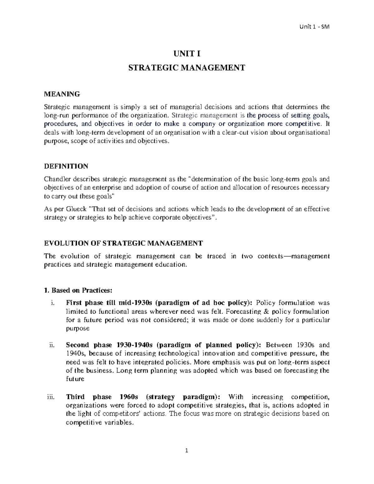 UNIT I - SM - Introduction - UNIT I STRATEGIC MANAGEMENT MEANING ...