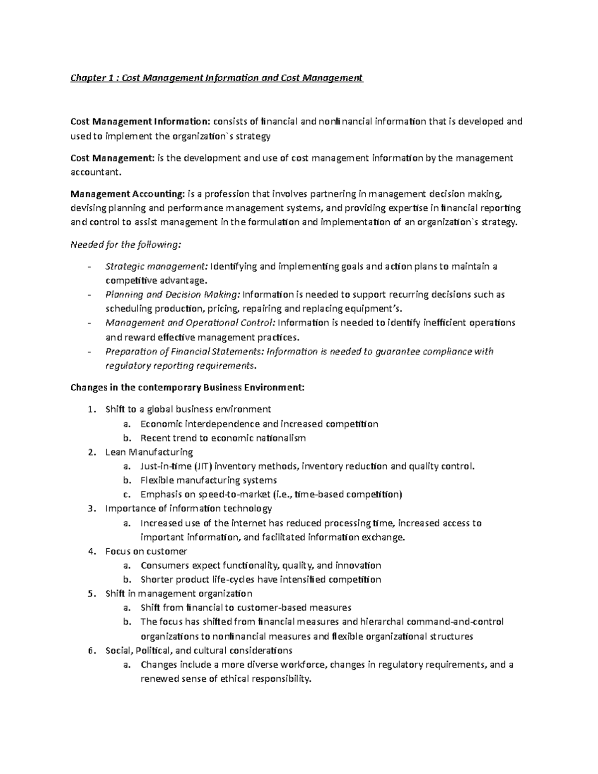 Chapter 1 - Lecture notes 1 - Chapter 1 : Cost Management Information ...