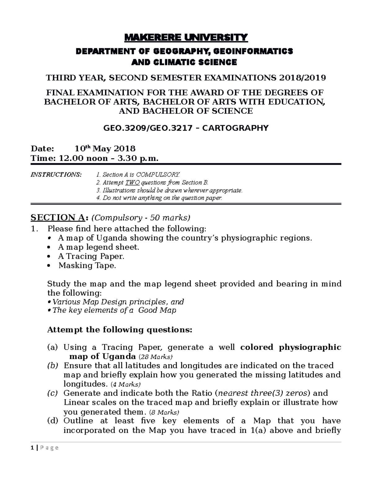 Cartography GEO.3217 Exam 2019 MAKERERE UNIVERSITY DEPARTMENT OF