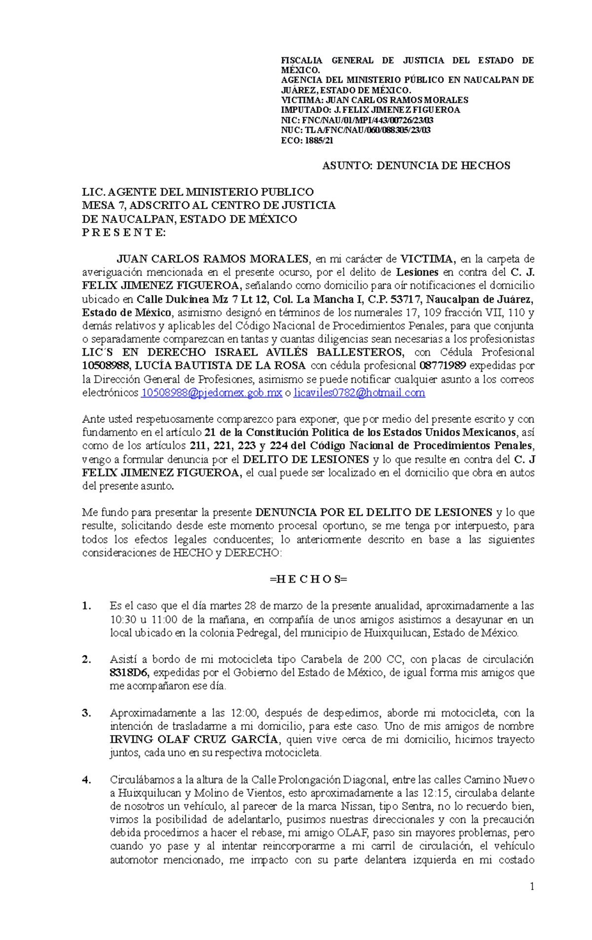 Denuncia DE Hechos- Lesiones - FISCALIA GENERAL DE JUSTICIA DEL ESTADO ...