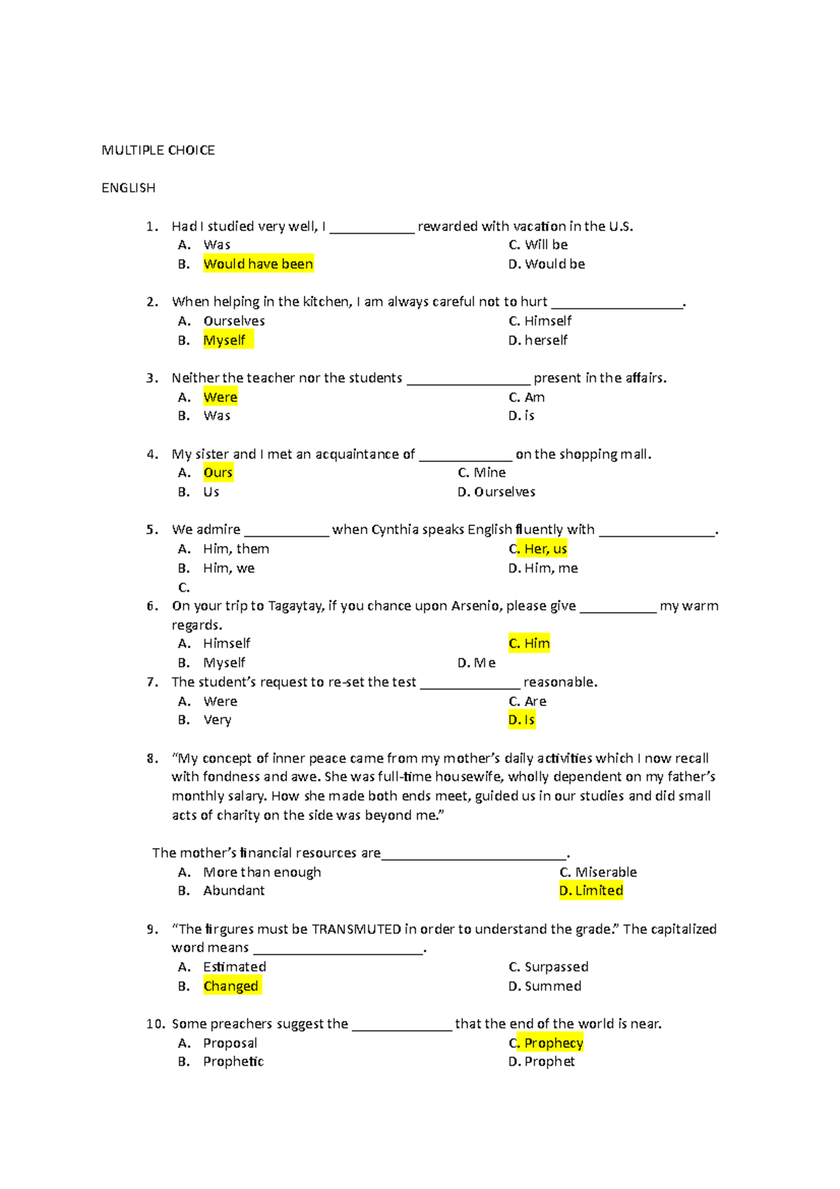 Preboard Answer Key Gen Ed Sep2015 1 1 - MULTIPLE CHOICE ENGLISH 1. Had ...