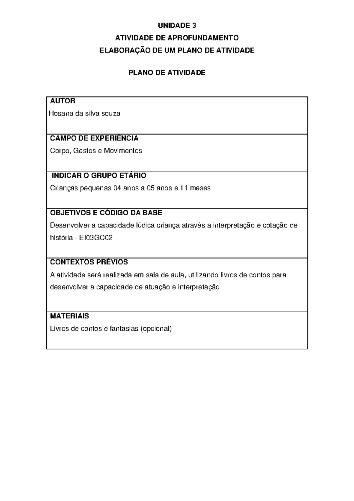 Prática de Ensino em Educação Infantil - Modelo Atividade III - Plano ...