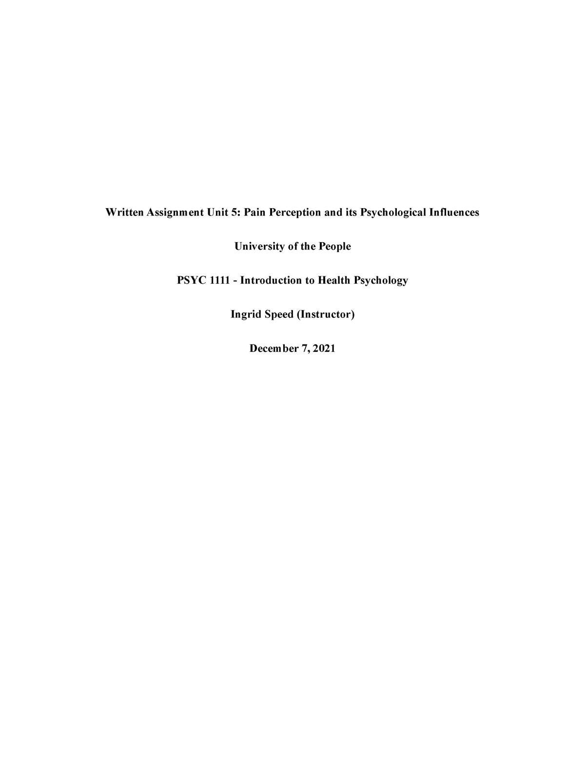 Introduction To Health Psychology PSYC1111 Written Assignment Unit 5 ...