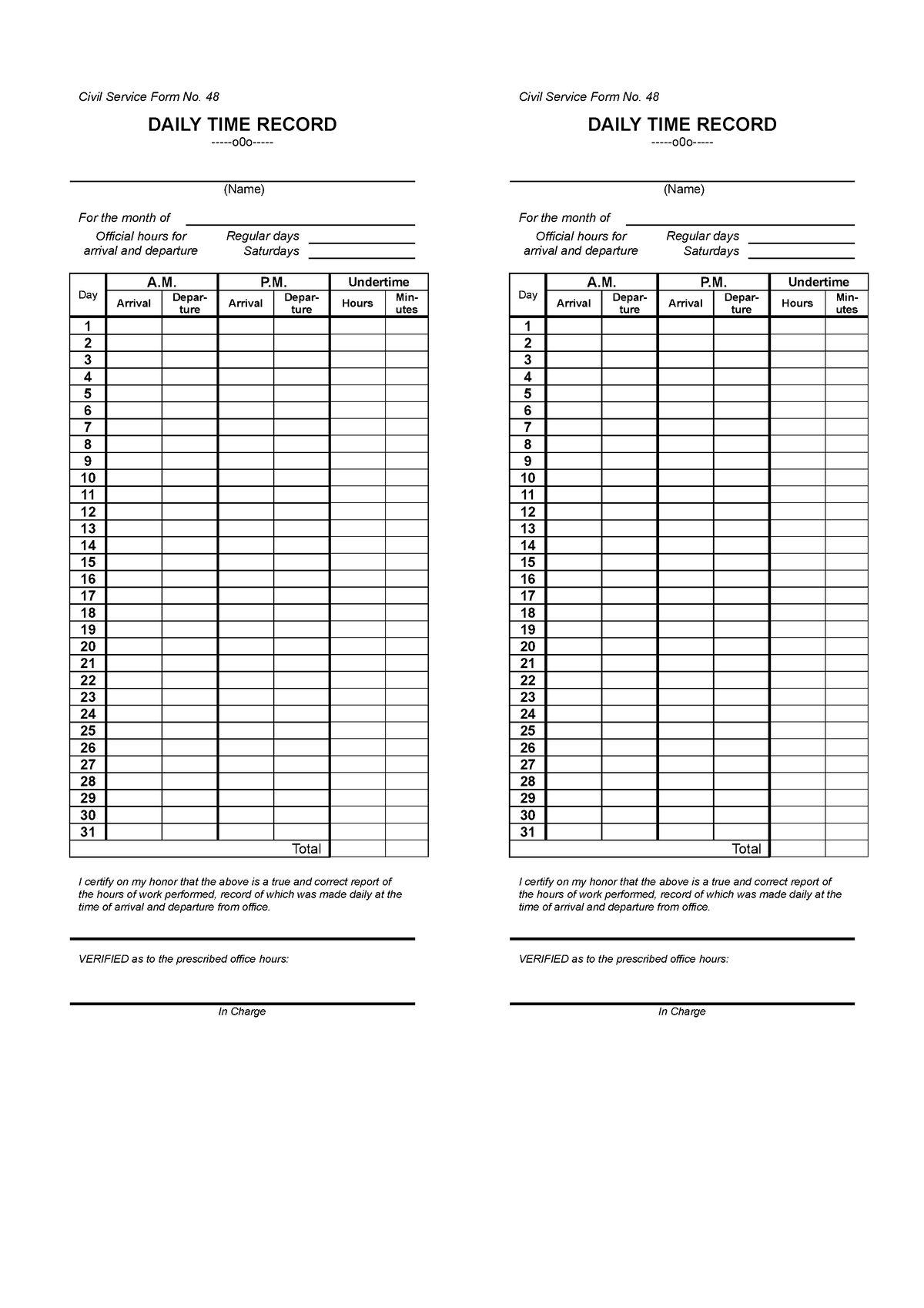 Appendix 24 Daily Time Record DTR Civil Service Form No 48 DAILY 