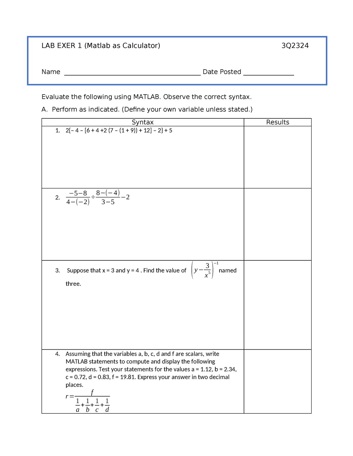 FA1.1(M1 LAB 3Q2324 ) - asd - LAB EXER 1 (Matlab as Calculator) 3Q Name ...