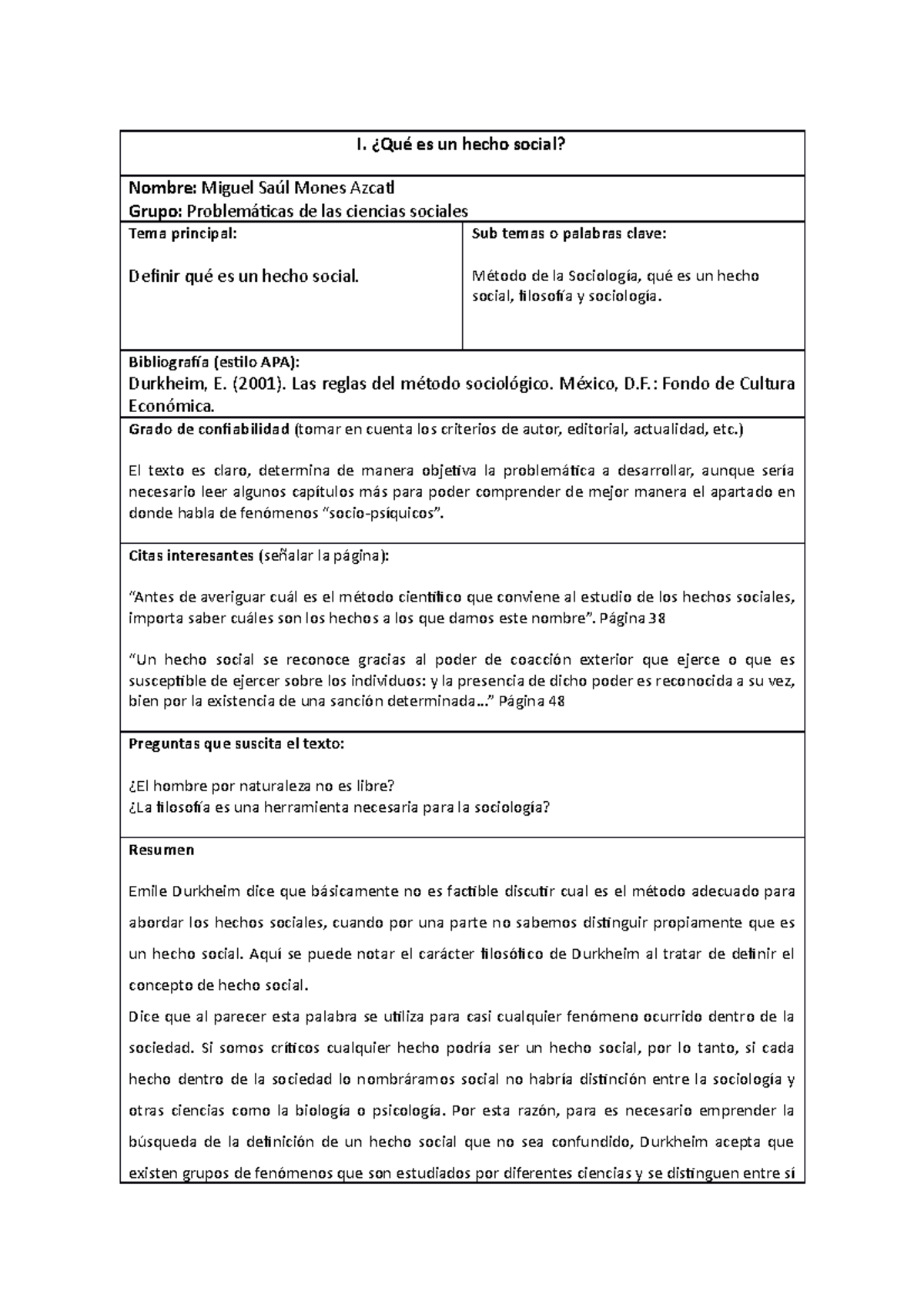 Qué es un hecho social - I. ¿Qué es un hecho social? Nombre: Miguel ...