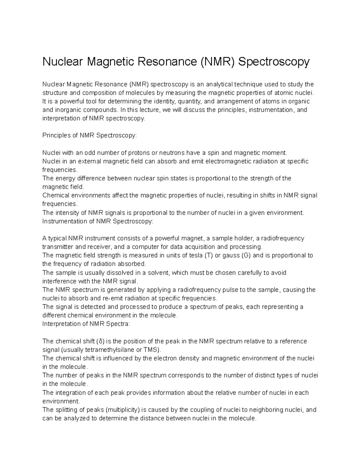 Organic Chemistry II CHM Lecture Nuclear Magnetic Resonance NMR Spectroscopy