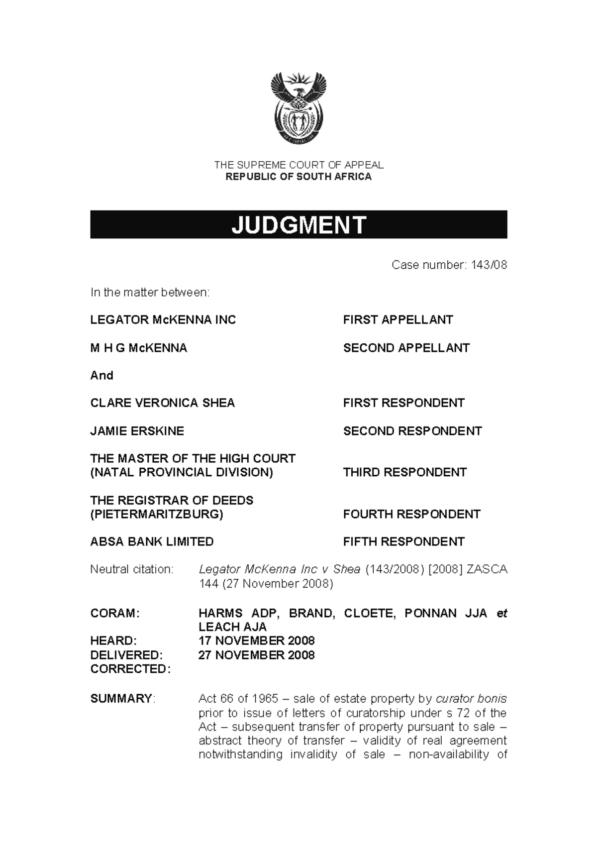Legator v shea - case - THE SUPREME COURT OF APPEAL REPUBLIC OF SOUTH ...