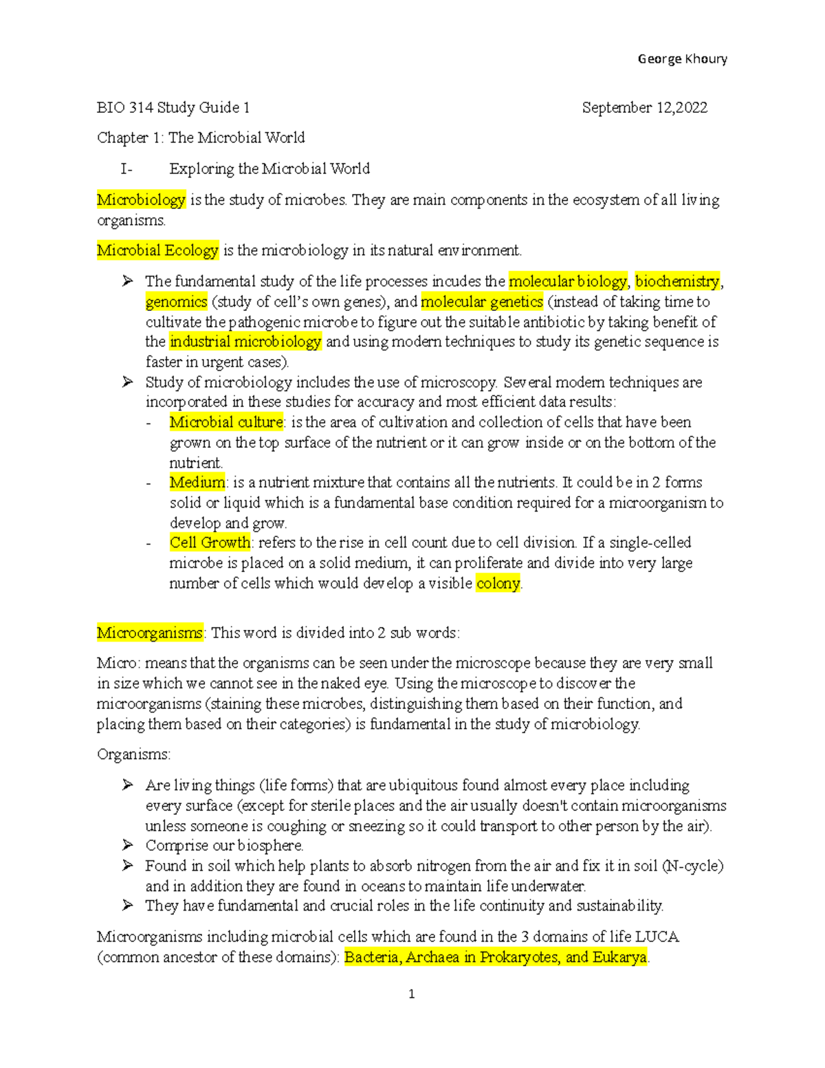 Study Guides for Exam 1 - BIO 314 Study Guide 1 September 12, Chapter 1 ...