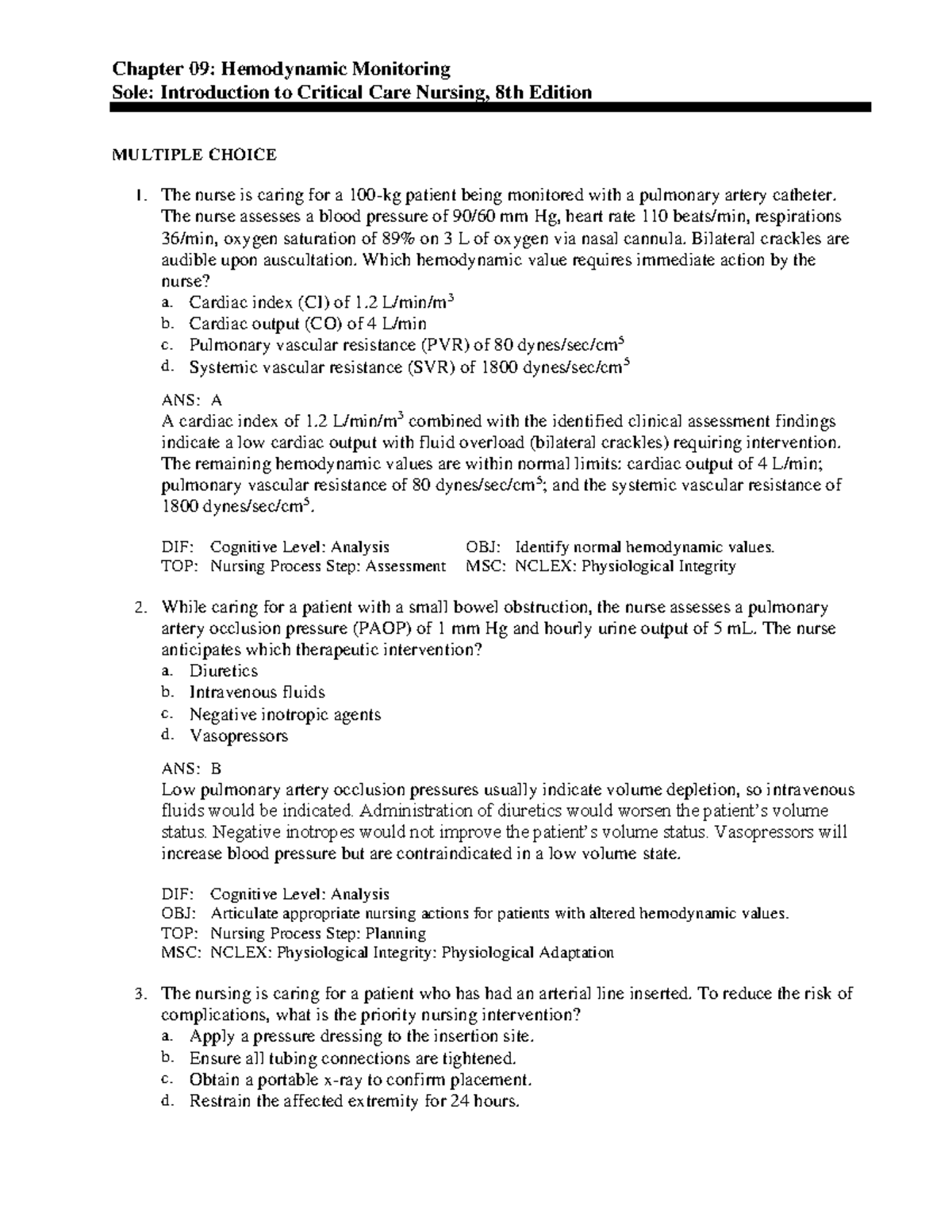 Chapter 09 - Chapter 09: Hemodynamic Monitoring Sole: Introduction to ...