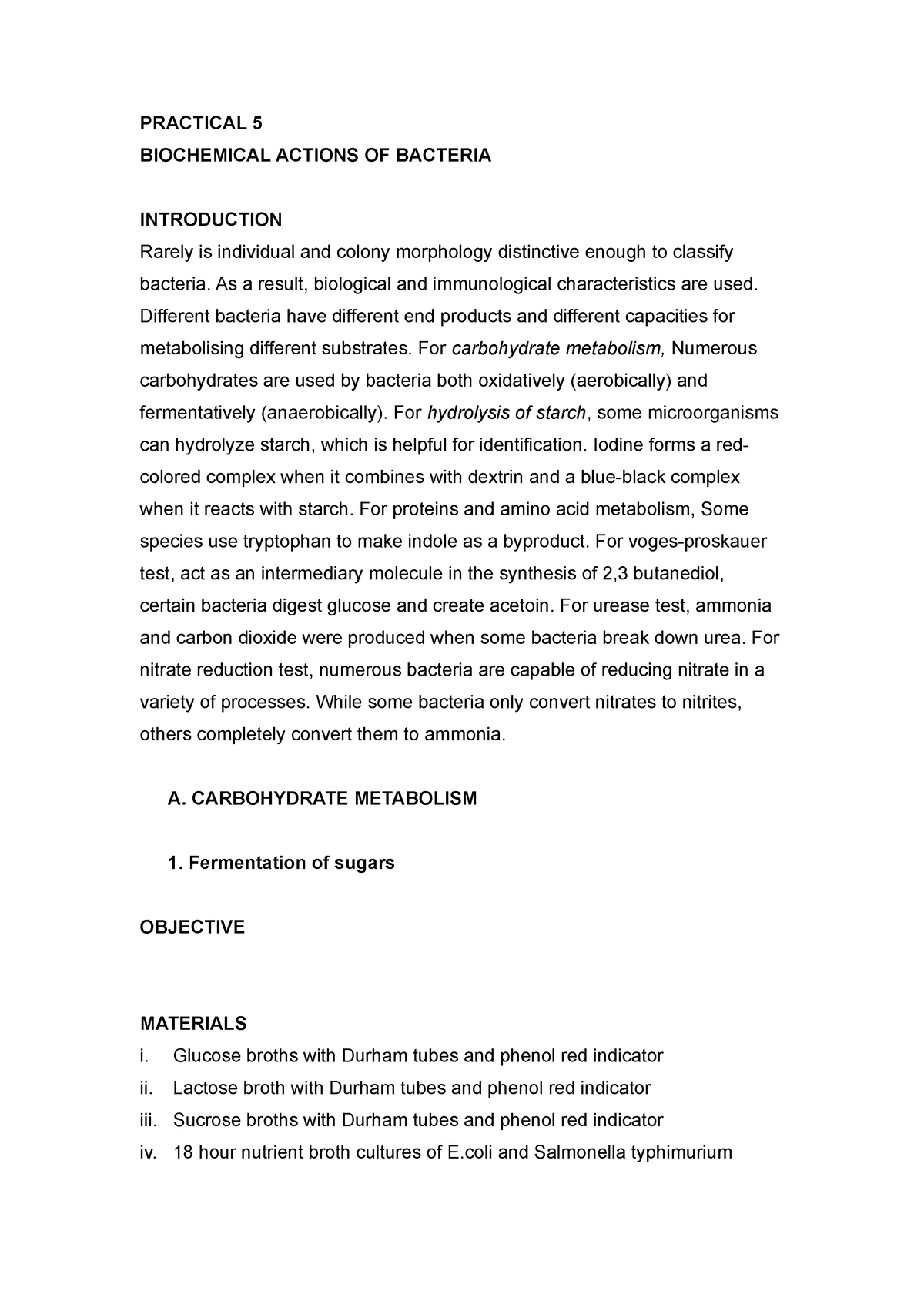 Practical 5 - LAB REPORT - PRACTICAL 5 BIOCHEMICAL ACTIONS OF BACTERIA ...