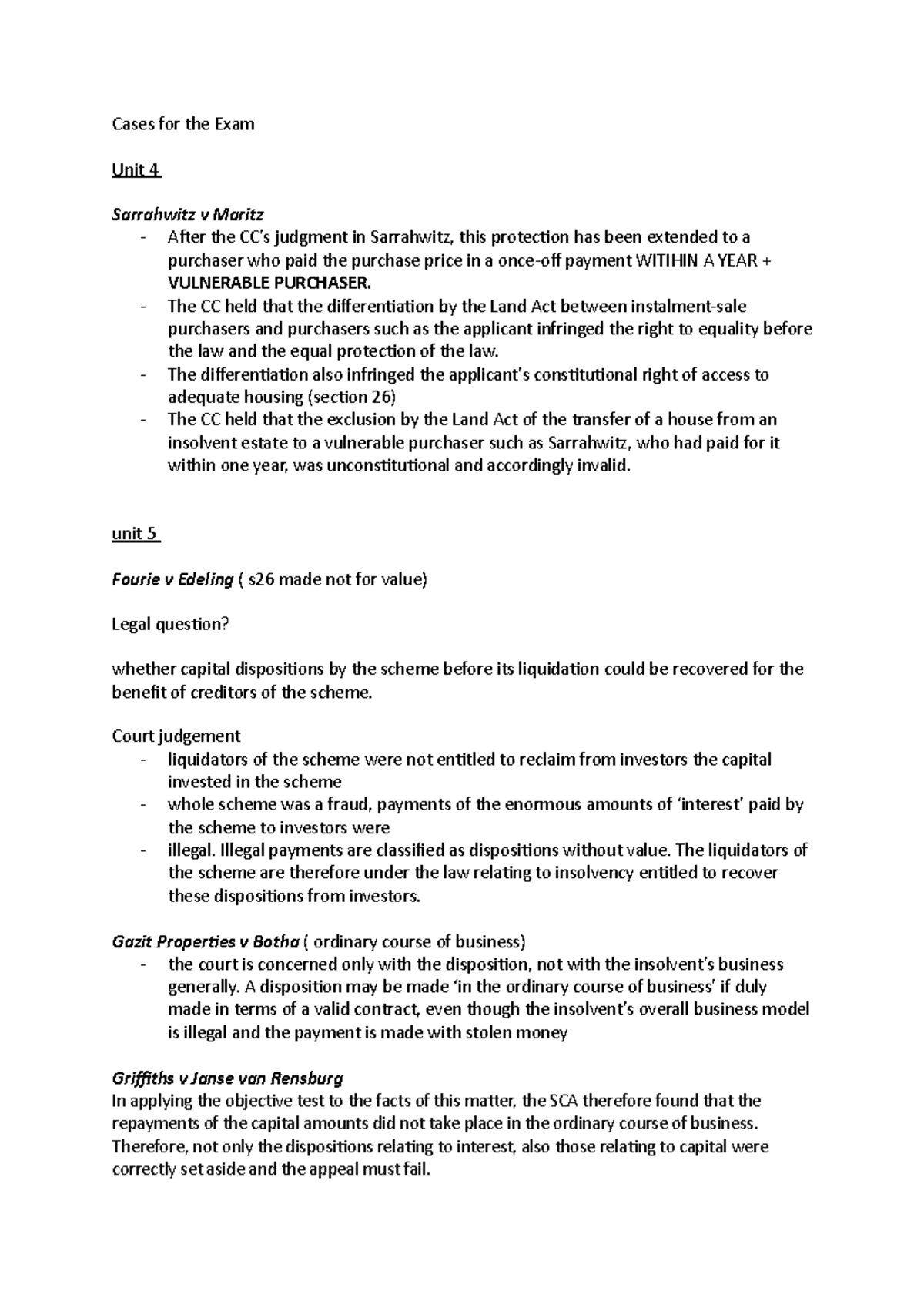 Cases for the Exam - Cases for the Exam Unit 4 Sarrahwitz v Maritz ...