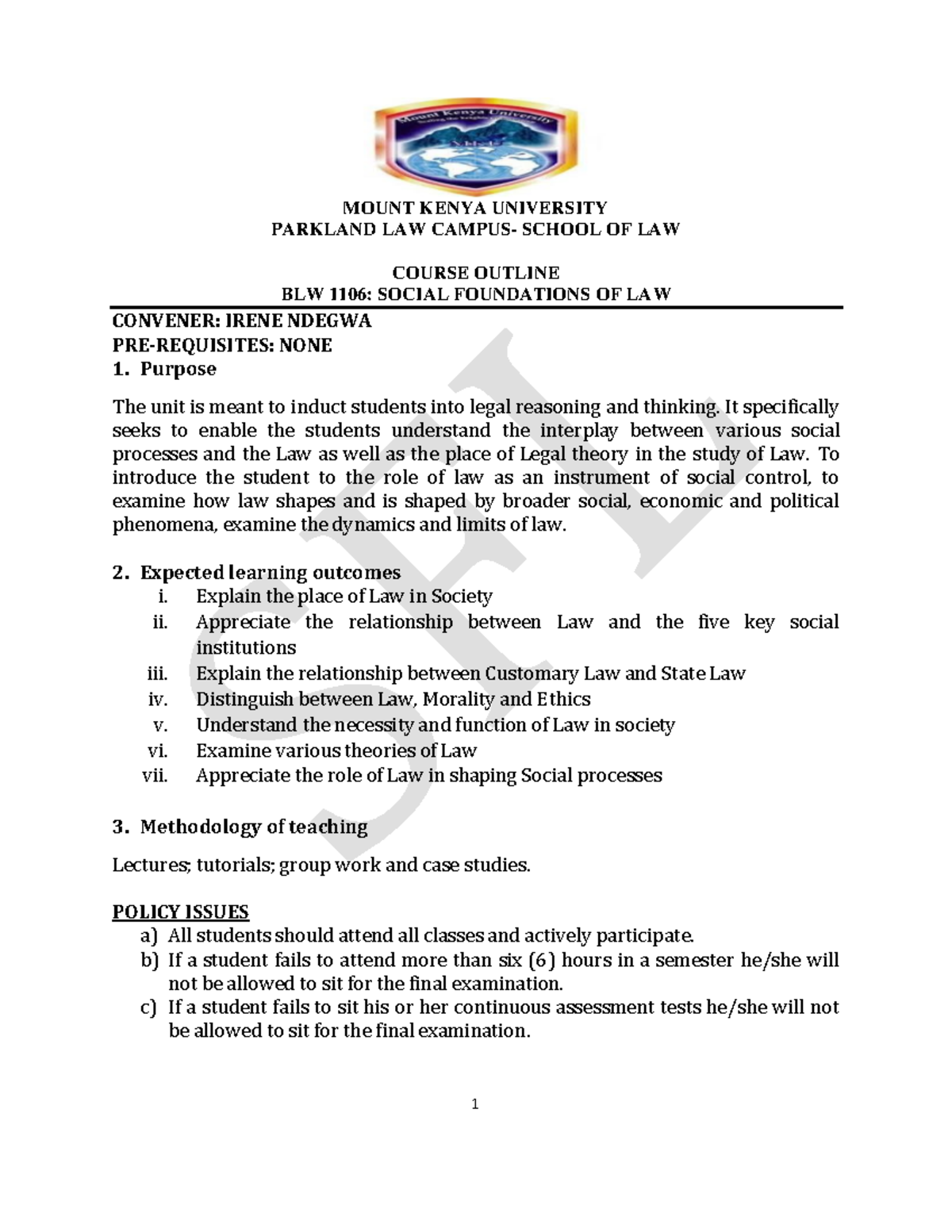 Course Outline Social Foundations OF LAW Law MKU Studocu