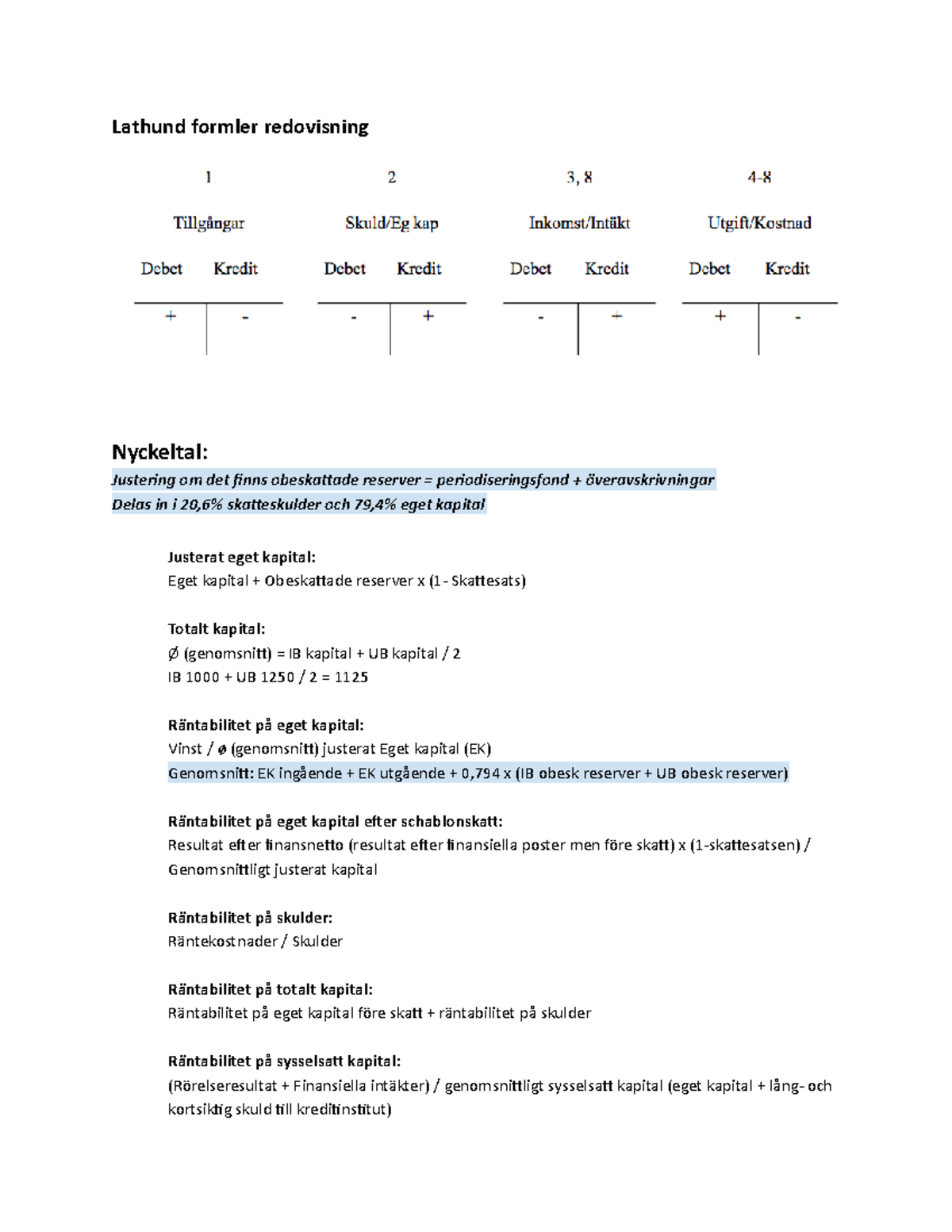Formelblad FEKA90 - Lathund formler redovisning Nyckeltal: Justering om ...