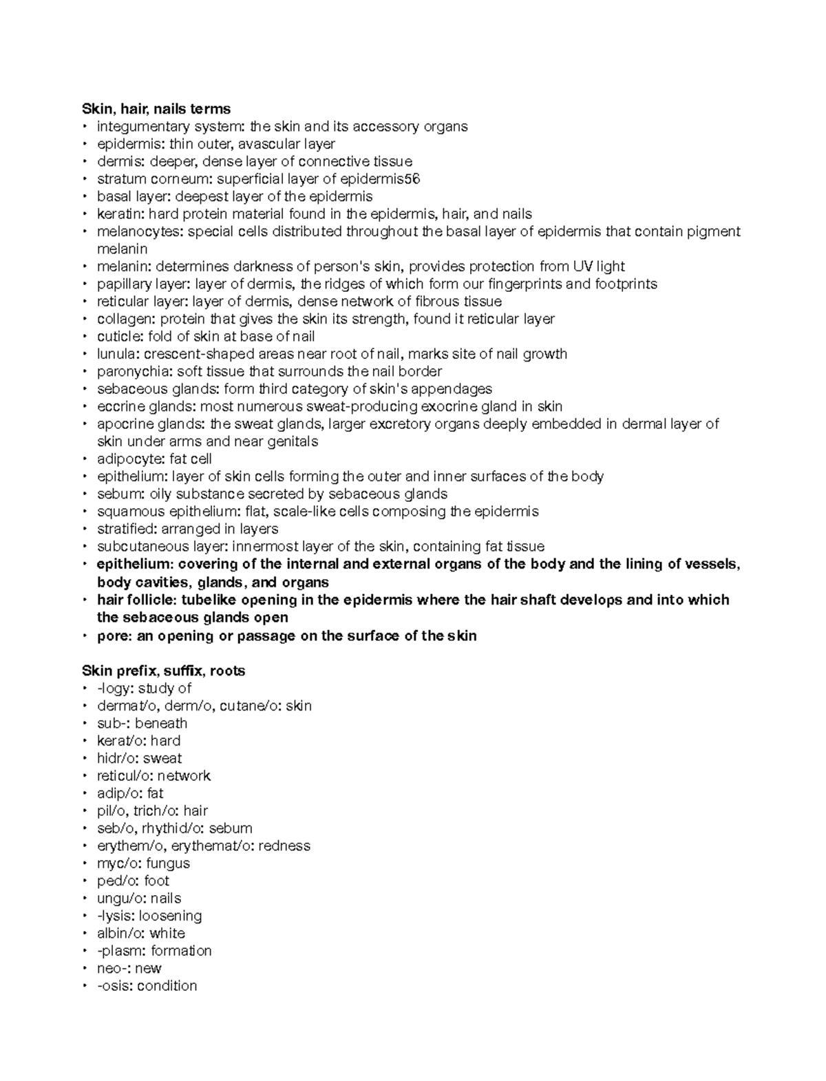 Ch 16 skin medical terminology Skin, hair, nails terms