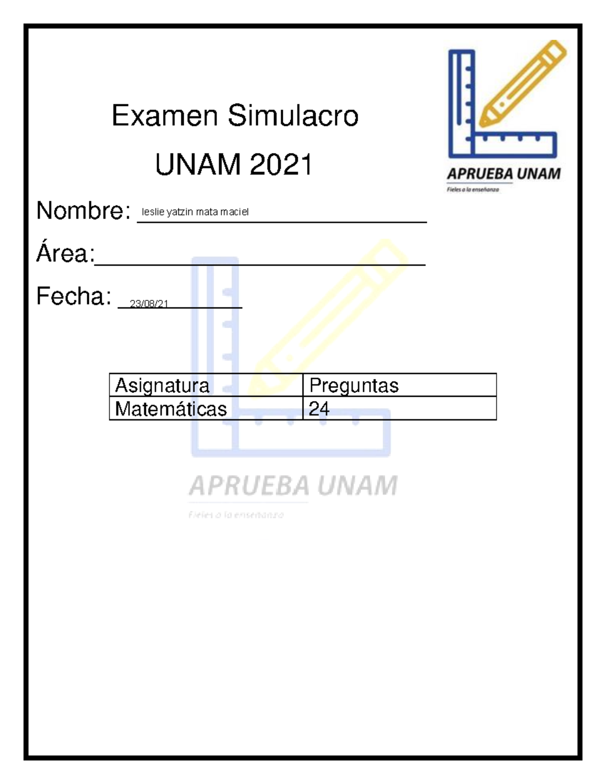 Examen Simulacro UNAM 2020 Con Hoja De Respuesta - Examen Simulacro ...