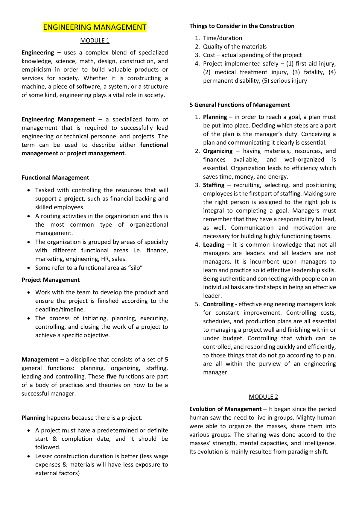 Modules Reviewer 1 - ENGINEERING MANAGEMENT MODULE 1 Engineering – Uses ...