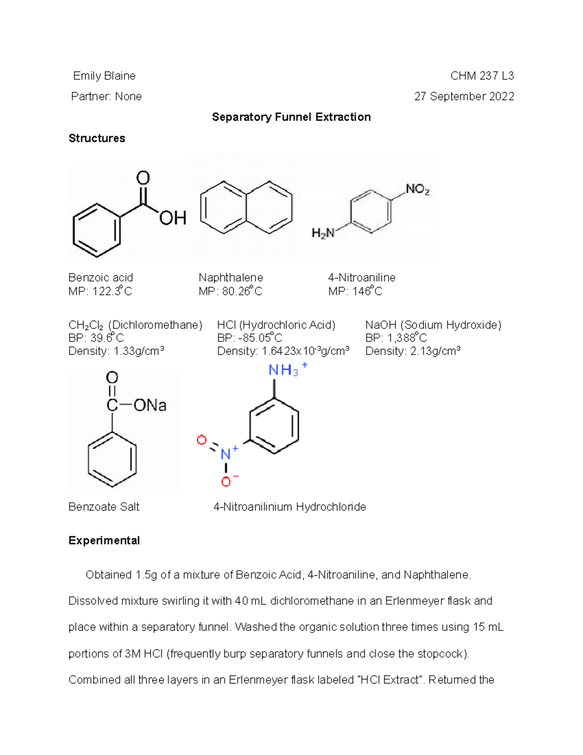 Extraction Lab Report L3 EB Emily Blaine CHM 237 L Partner None 27