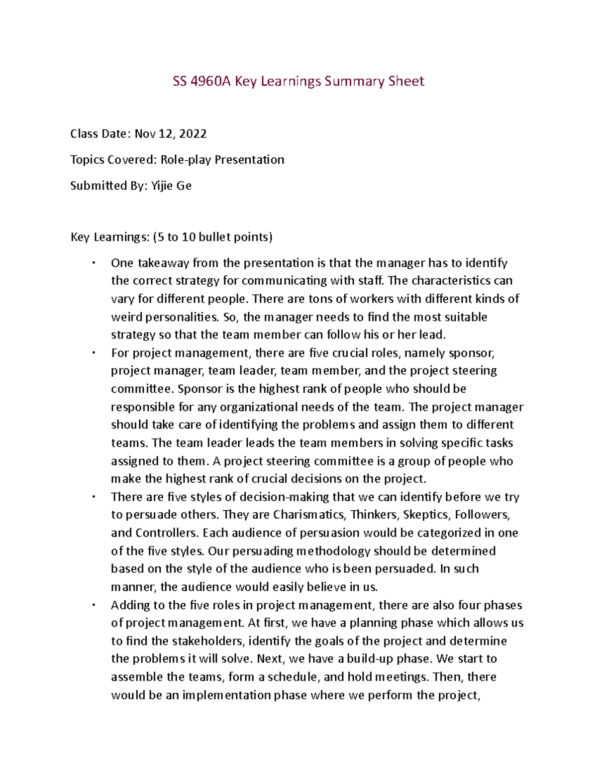 SS4960F Key Learnings 1112 - SS 4960A Key Learnings Summary Sheet Class ...