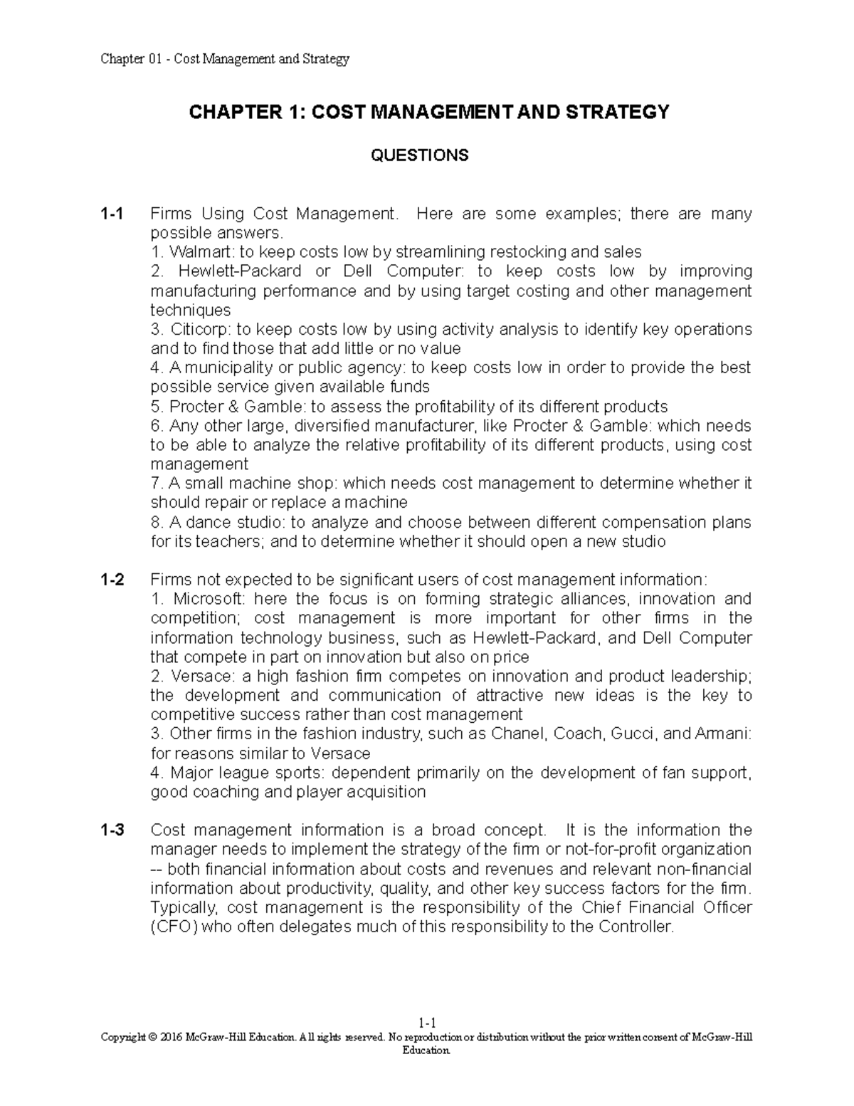 Sol01 7e - CHAPTER 1: COST MANAGEMENT AND STRATEGY QUESTIONS 1-1 Firms ...