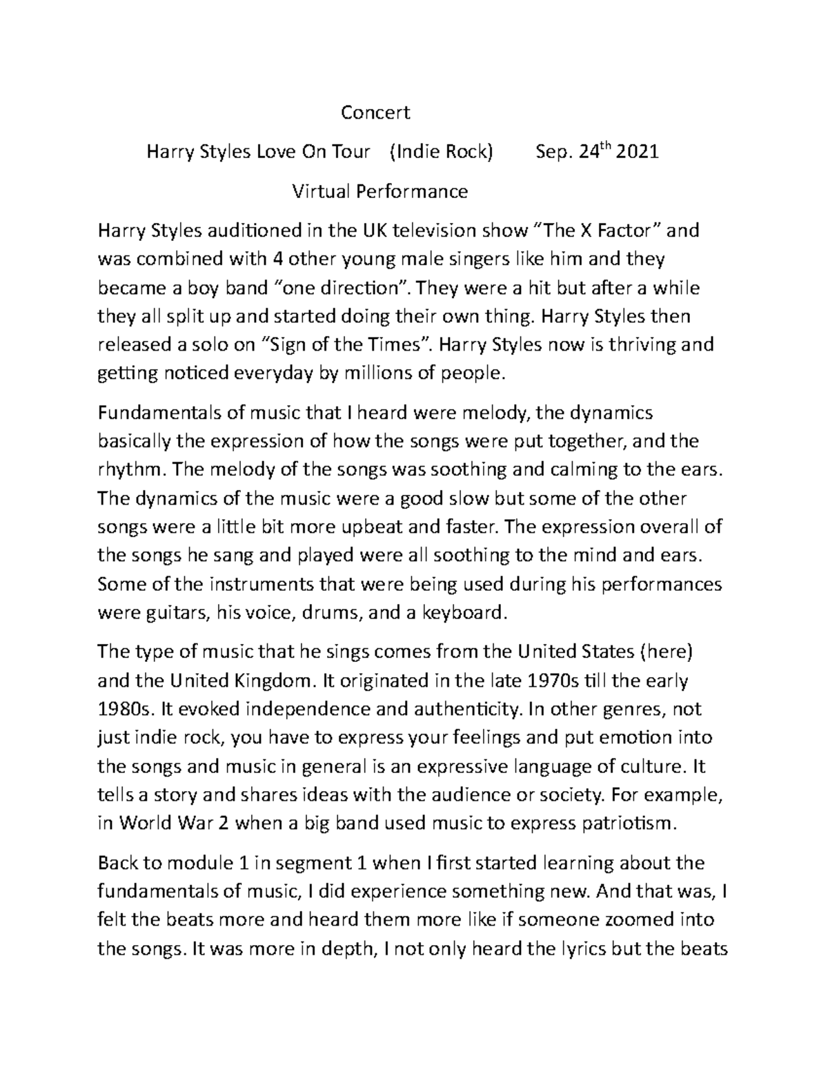 harry styles concert essay