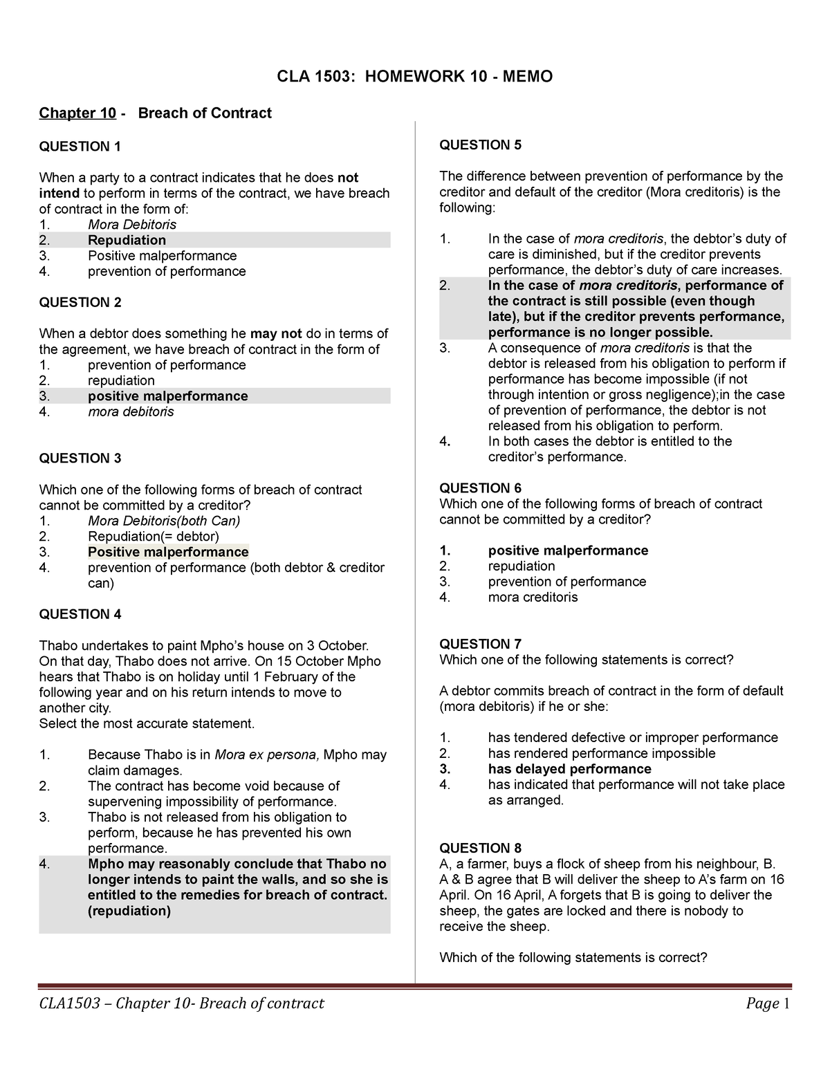 CLA 1503 Chapter 10 Breach Of Contract Memo - CLA 1503: HOMEWORK 10 ...