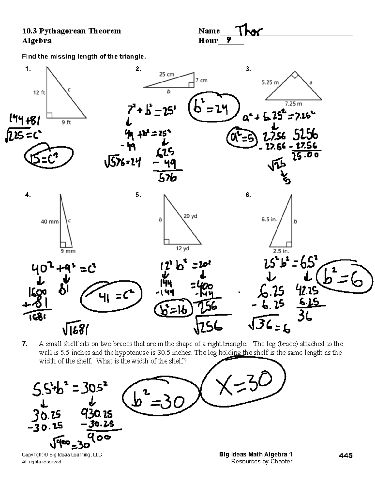 10.3 Pythagorean Worksheet - Copyright © Big Ideas Learning, LLC Big ...