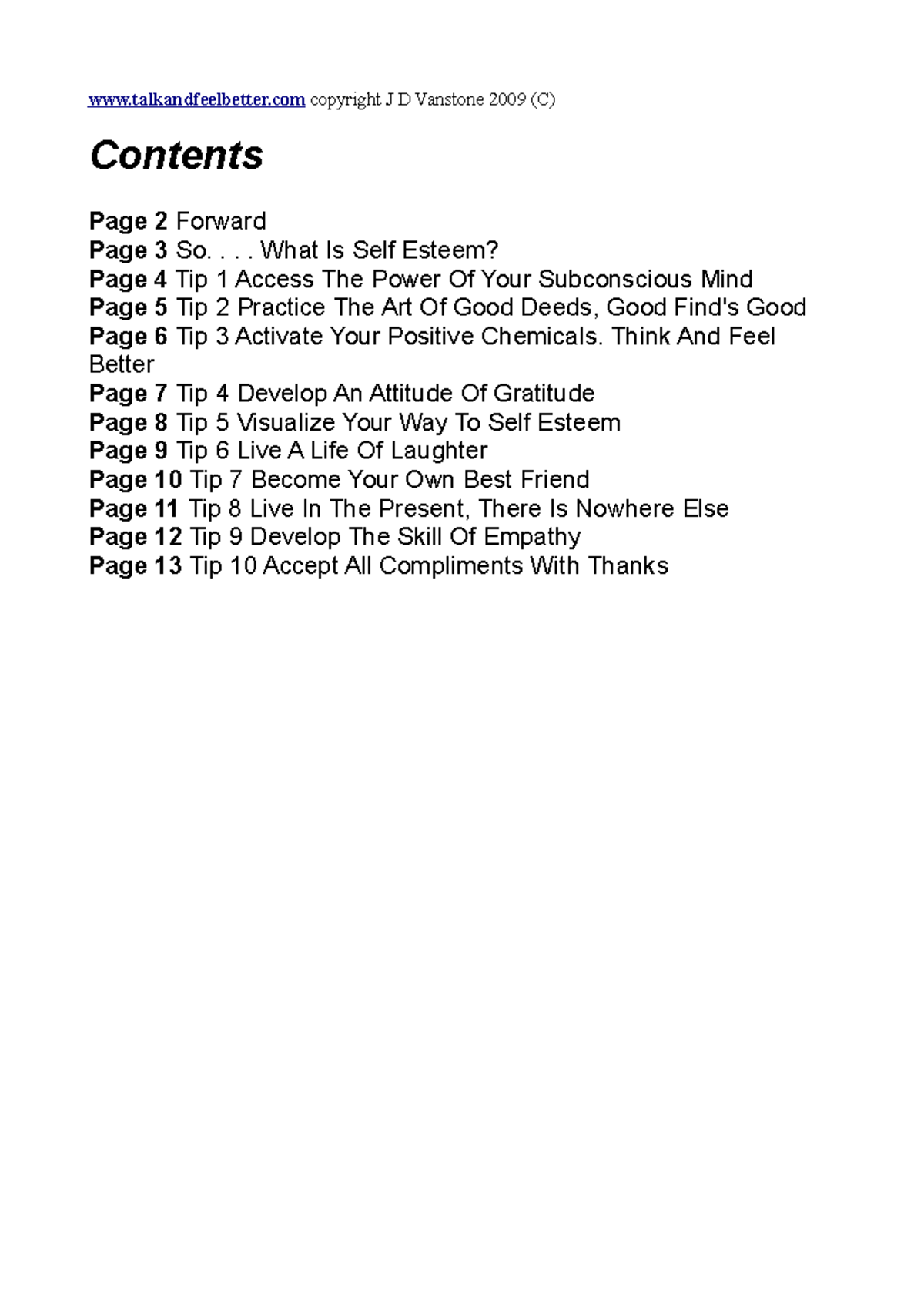 10 Great Ways To Self Esteem Contents Page 2 Forward Page 3 So