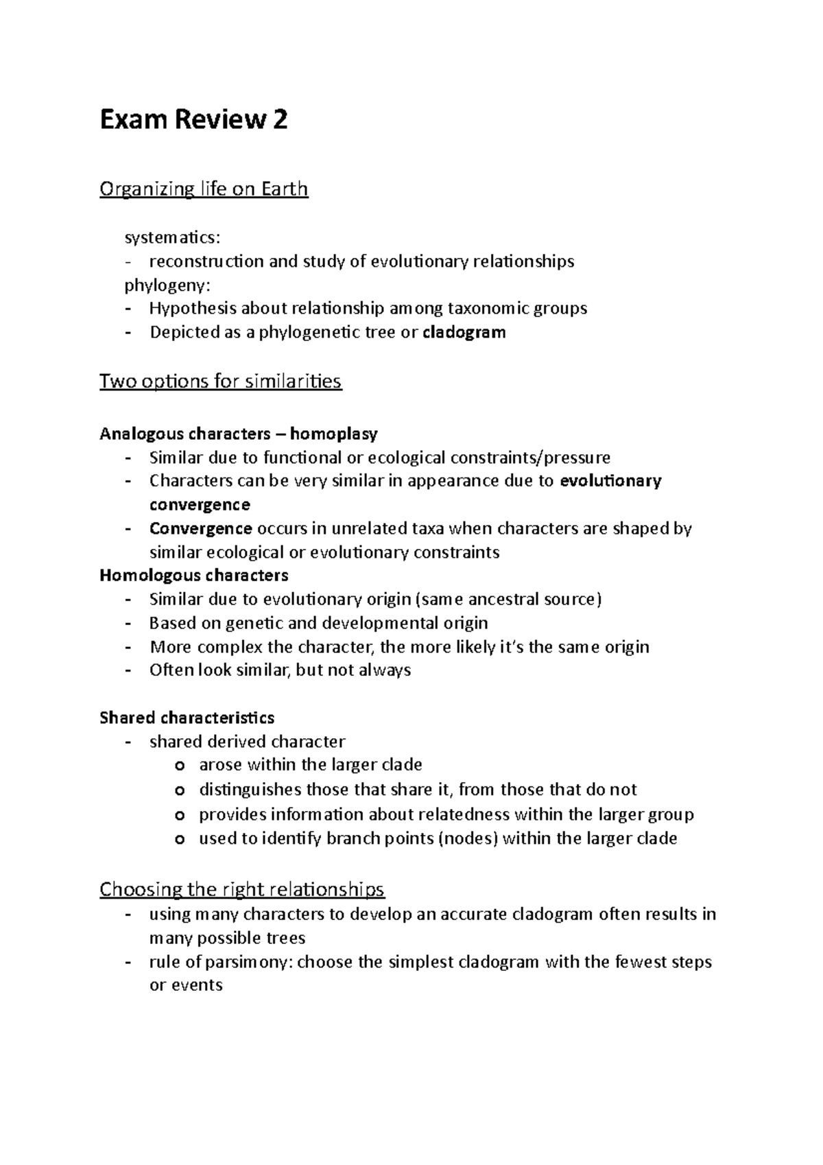 Exam Review: Organizing Life on Earth Systematics and Phylogeny - Studocu