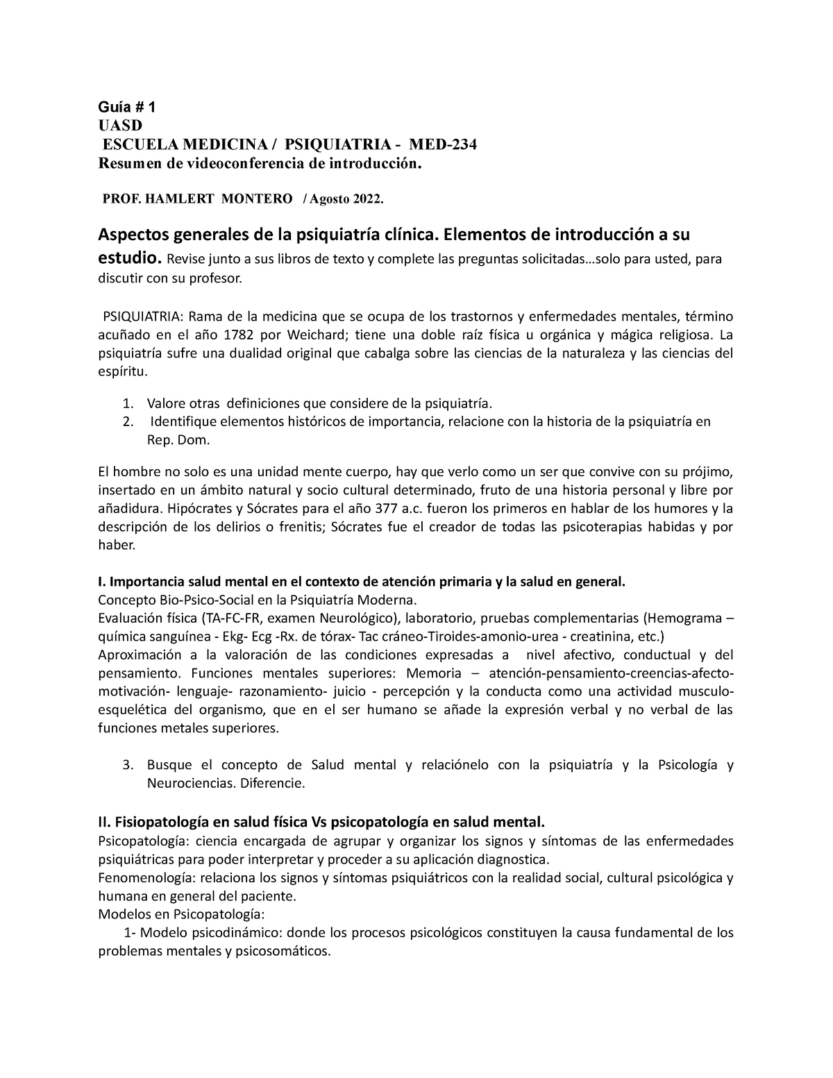 Guía No.1 De Introduccion A La Psiquiatria - Guía # 1 UASD ESCUELA ...