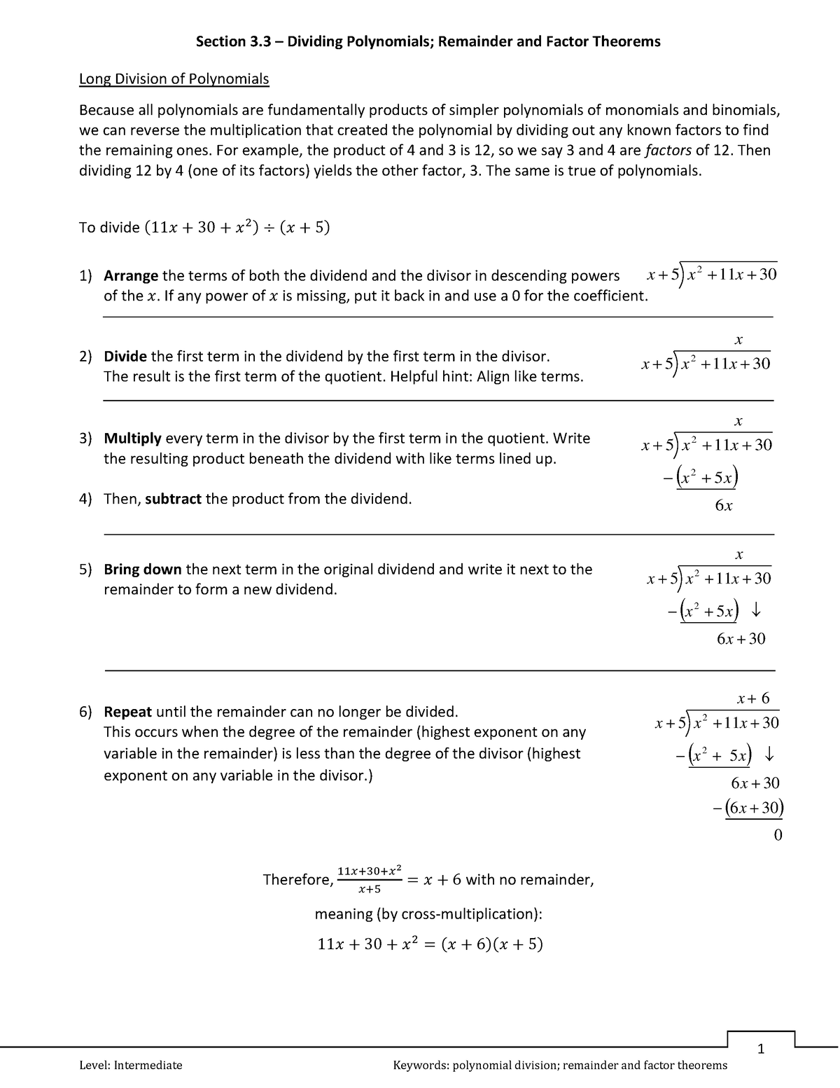 3.3 - Dividing Polynomials; Remainder and Factor Theorems - 1 Long ...