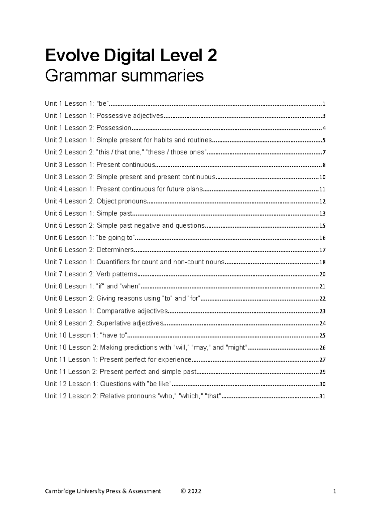 Evolve Digital Level 2 Grammar summaries - Grammar summaries Evolve ...