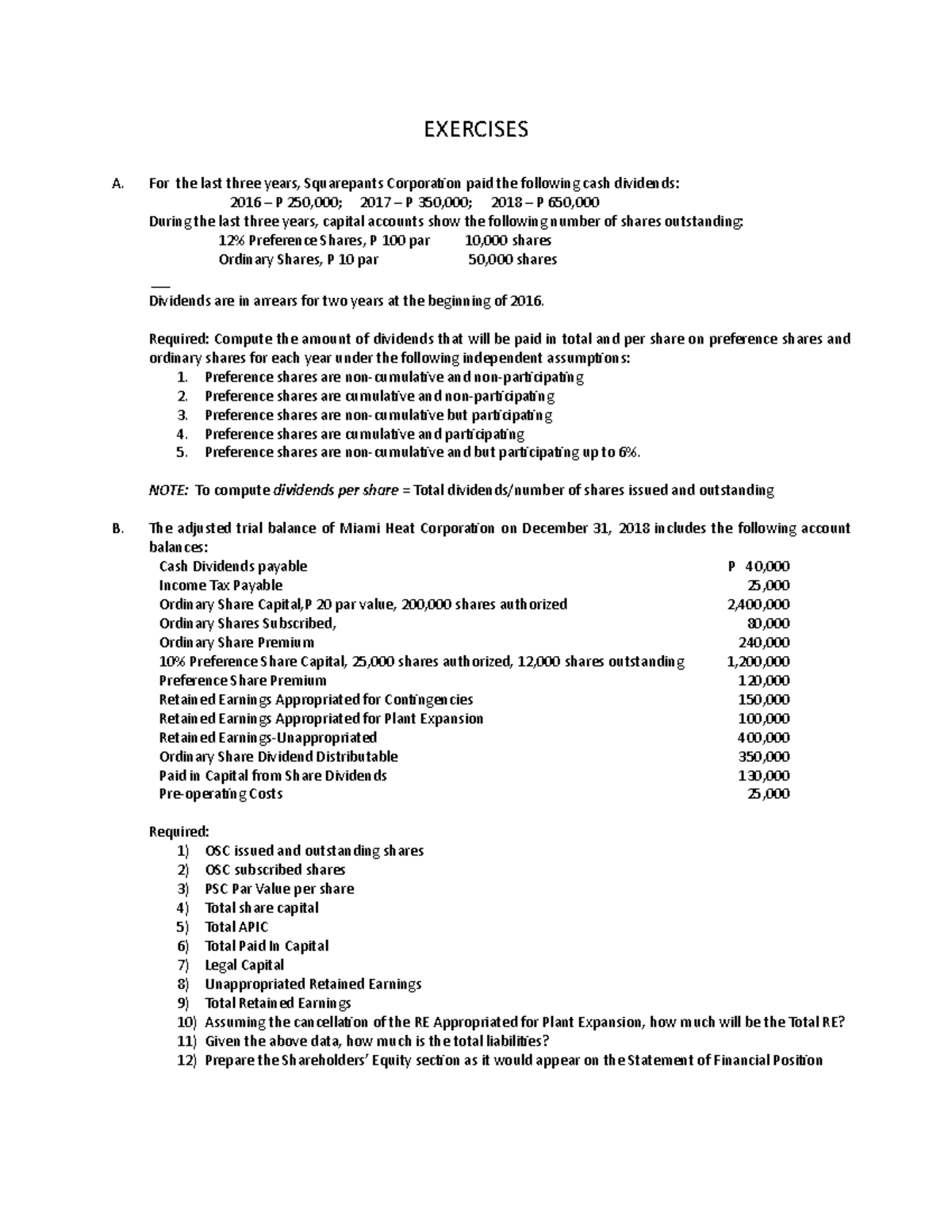 Dividends Exercises Chapter 9 For Assignment - EXERCISES A. For The ...