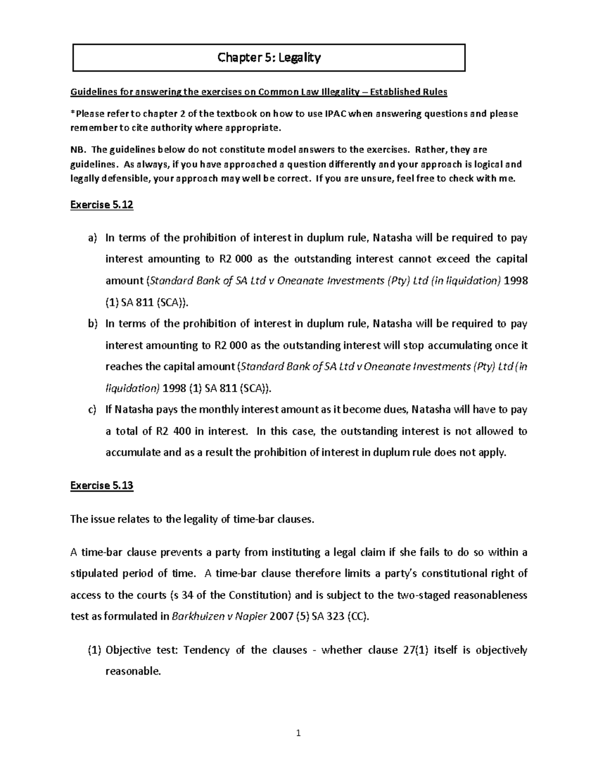 Guidelines to answering the exercises in Chapter 5 on Common law