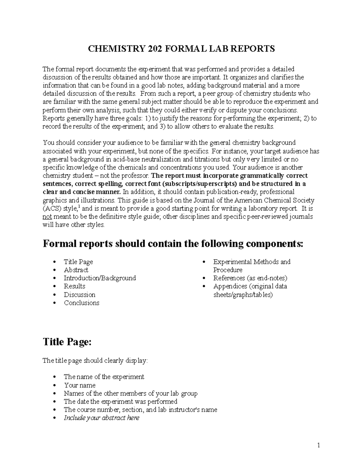 Formal LAB Reports - Lecture - CHEMISTRY 202 FORMAL LAB REPORTS The ...