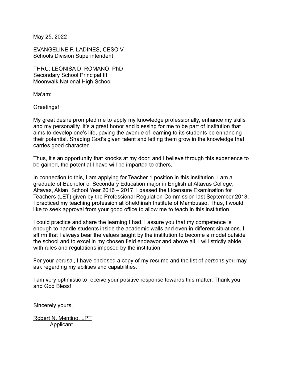 Robert- Application- Letter - May 25, 2022 EVANGELINE P. LADINES, CESO ...