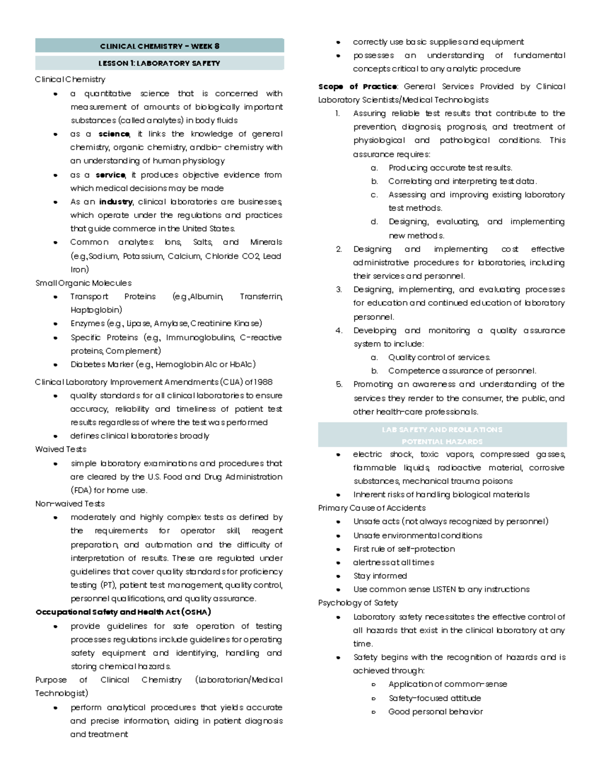 CC1 - cc1 lecture notes - CLINICAL CHEMISTRY - WEEK 8 LESSON 1 ...