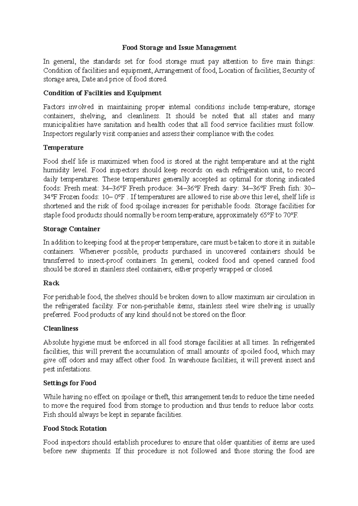Food Chemical Storage Food Storage and Issue Management In general