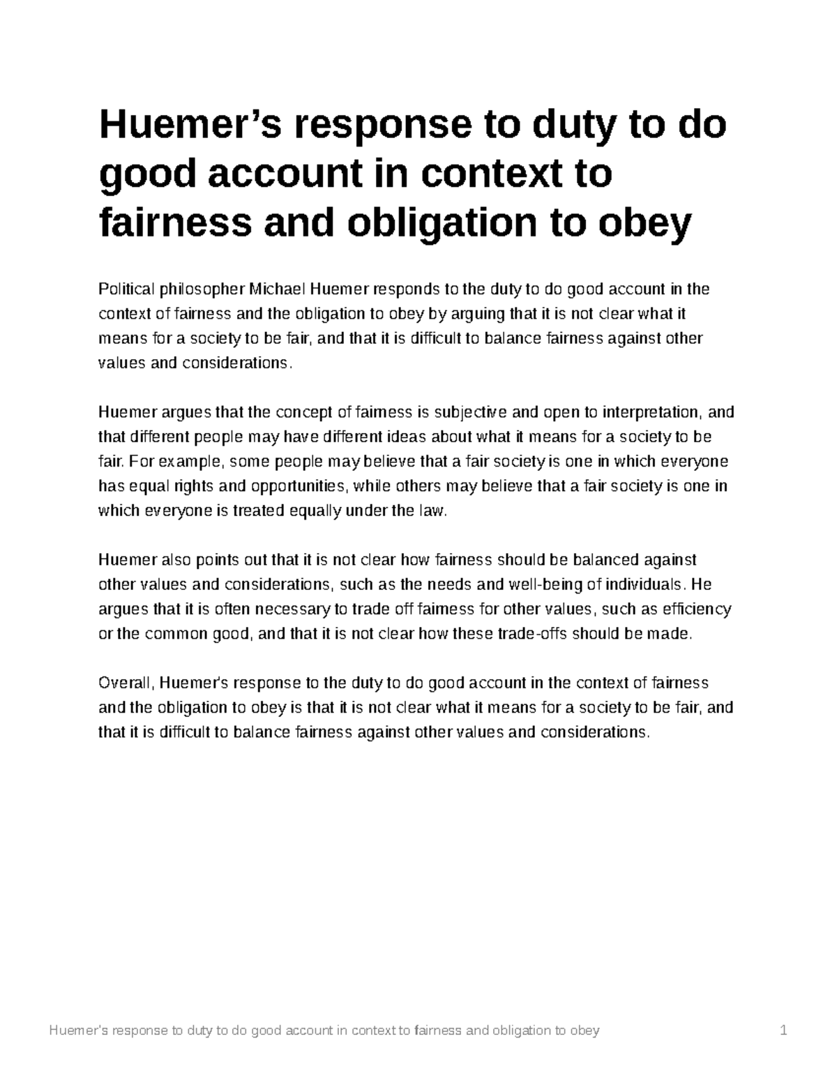 Huemers response to duty to do good account in context to fairness and ...