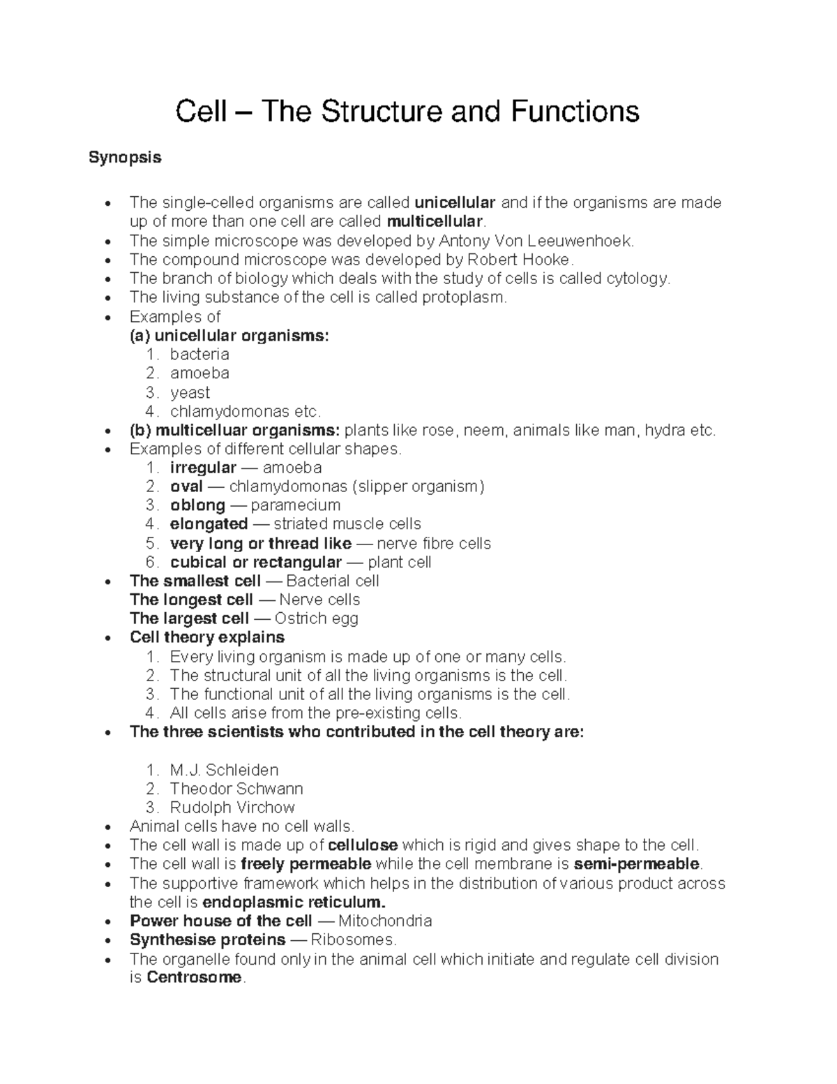 Cell – The Structure and Functions - ncertbooksolutions Synopsis The ...
