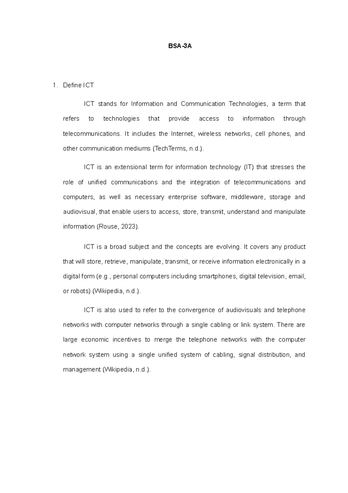 (Activity 1) - BSA-3A Define ICT ICT stands for Information and ...