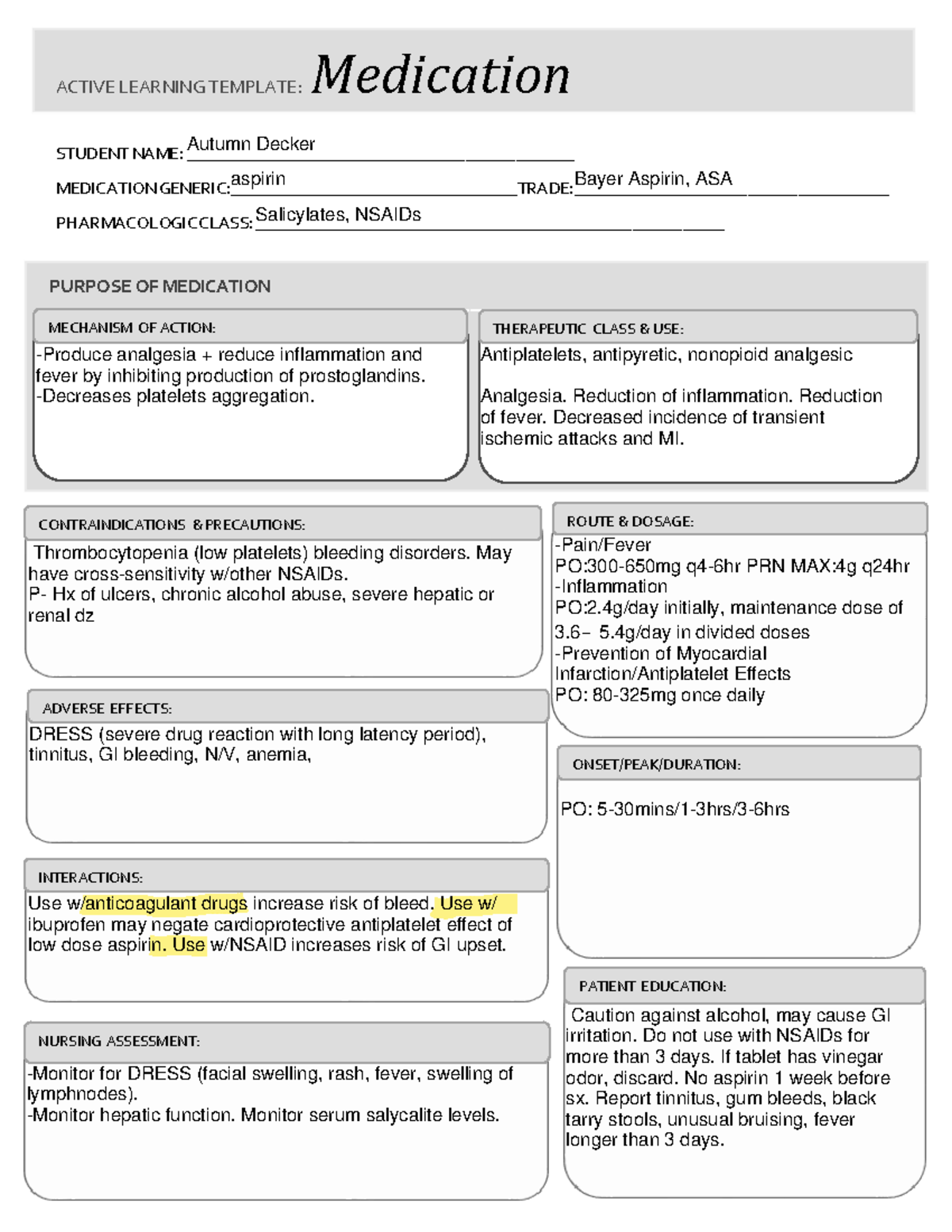 ASA Revision Aspirin Medication Guide STUDENT NAME Studocu
