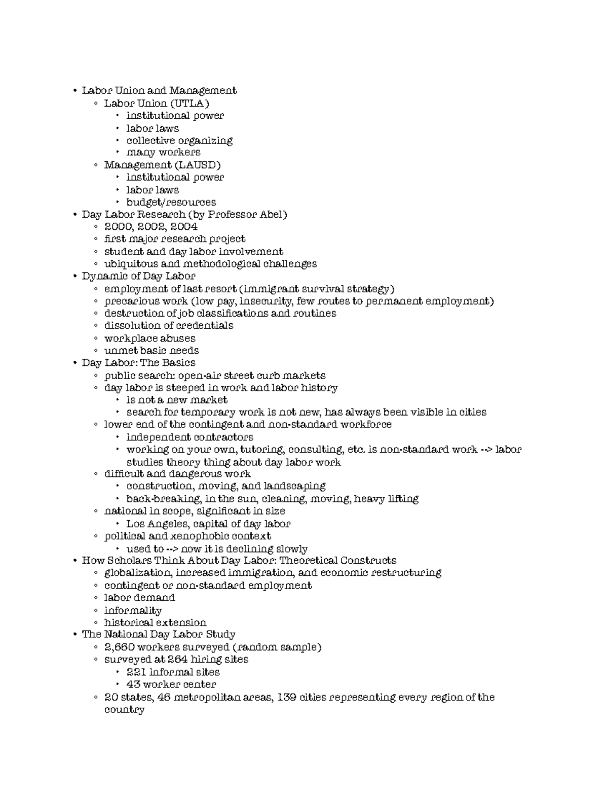 Day Laborers - Lecture notes 1 - Labor Union and Management Labor Union ...