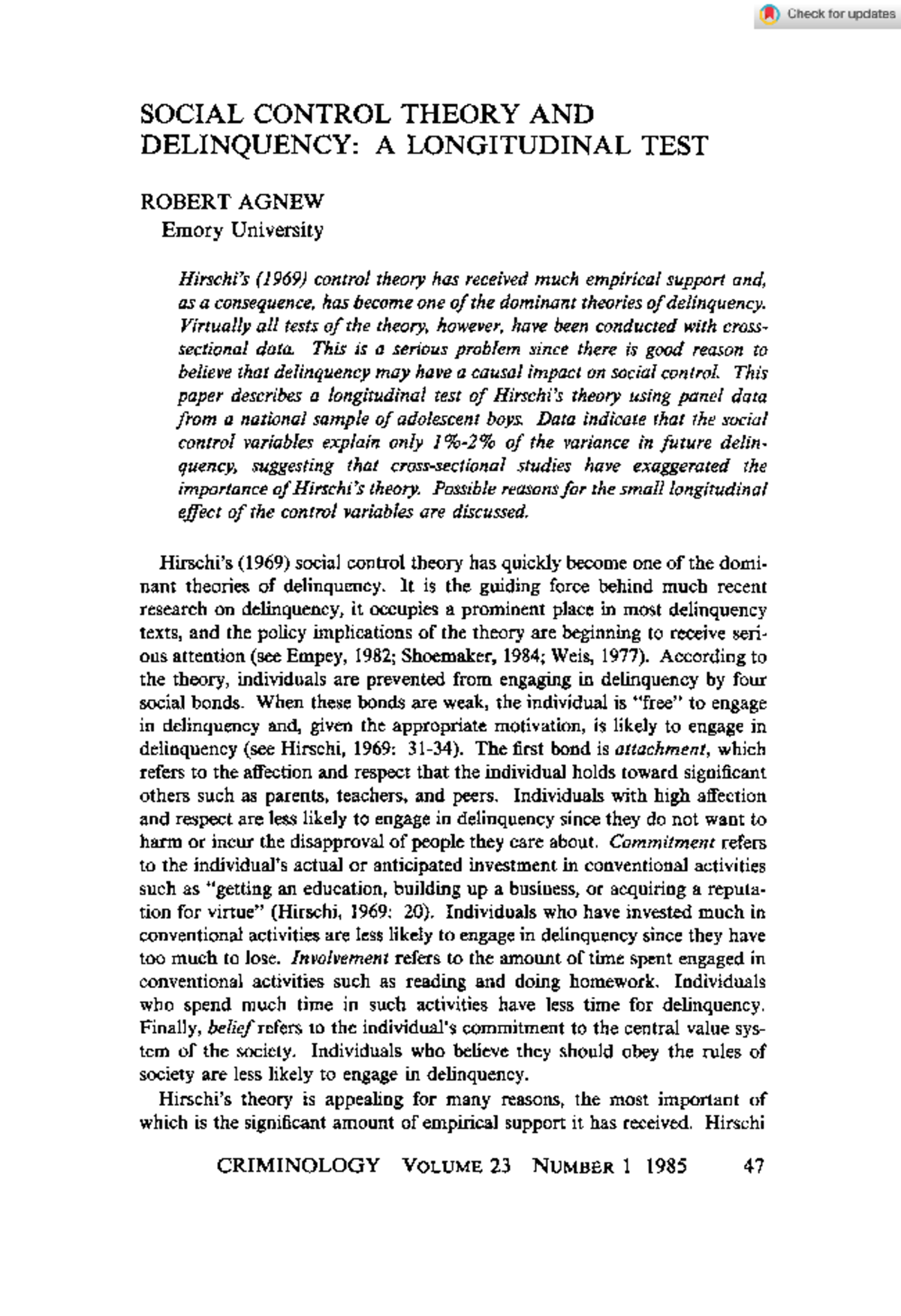 Criminology February 1985 Agnew Social Control Theory AND