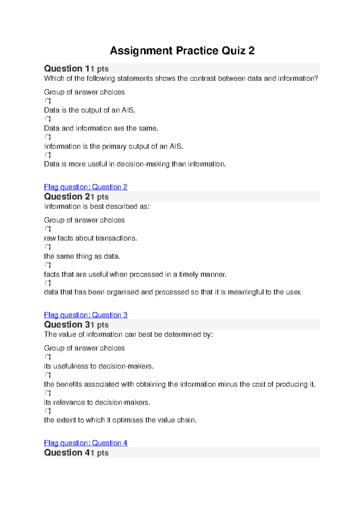 Assignment Practice Quiz 2 AIS - Assignment Practice Quiz 2 Question 11 ...