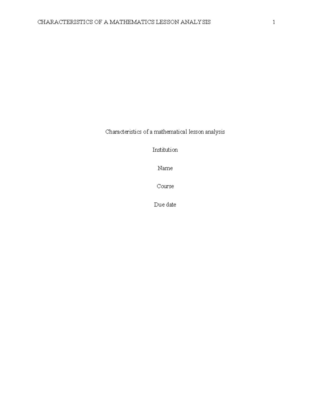 Exercise 1 - CHARACTERISTICS OF A MATHEMATICS LESSON ANALYSIS 1 ...