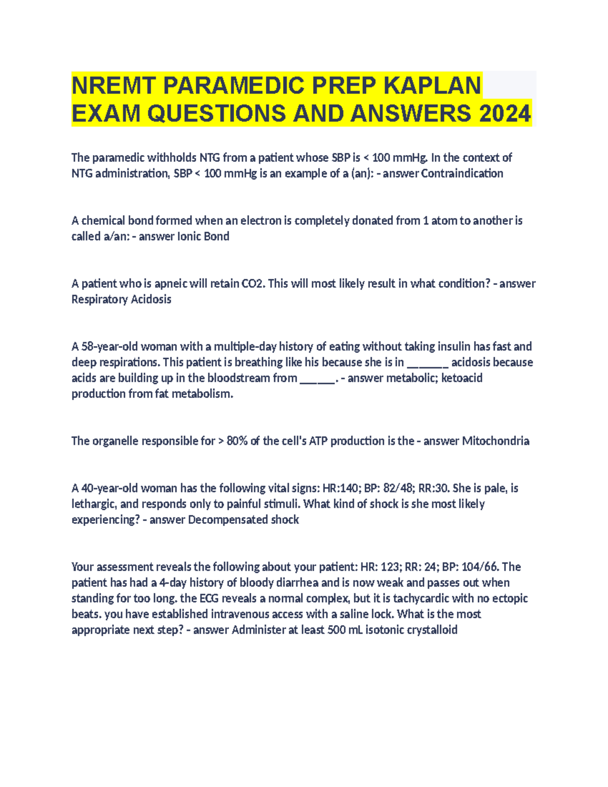 NREMT Paramedic PREP Kaplan EXAM Questions AND Answers 2024 NREMT